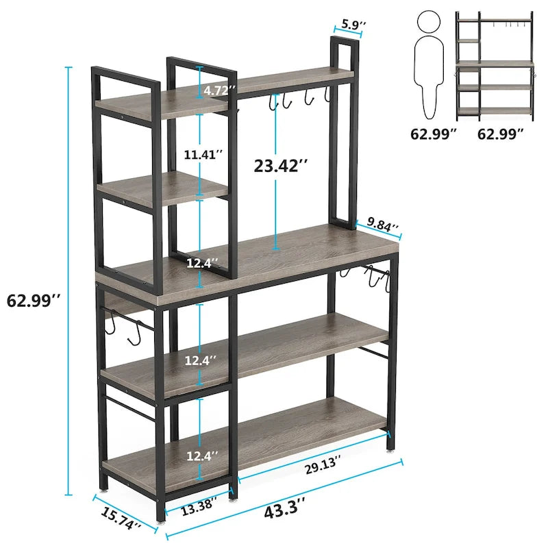 5-Tier Industrial Baker's Rack with Microwave Stand, 10 Hooks, and Storage Shelves - 43.3x15.7x62.9