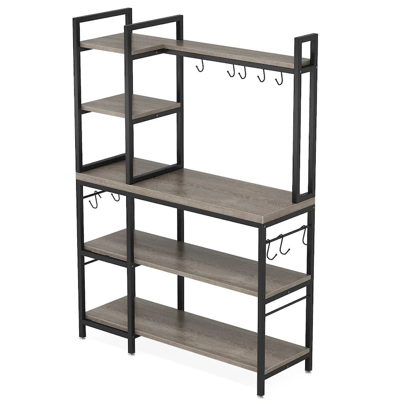 5-Tier Industrial Baker's Rack with Microwave Stand, 10 Hooks, and Storage Shelves - 43.3x15.7x62.9