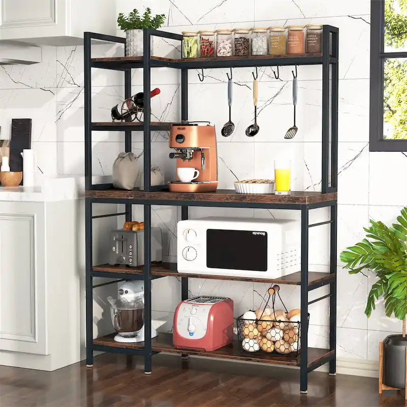 5-Tier Industrial Baker's Rack with Microwave Stand, 10 Hooks, and Storage Shelves - 43.3x15.7x62.9