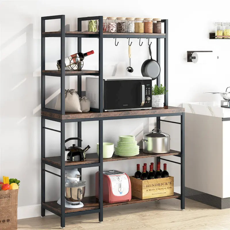 5-Tier Industrial Baker's Rack with Microwave Stand, 10 Hooks, and Storage Shelves - 43.3x15.7x62.9