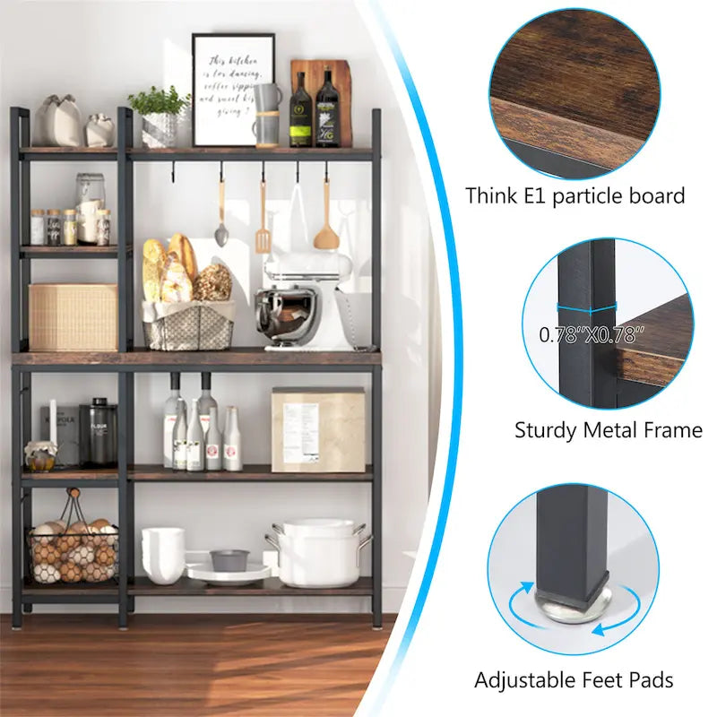 5-Tier Industrial Baker's Rack with Microwave Stand, 10 Hooks, and Storage Shelves - 43.3x15.7x62.9