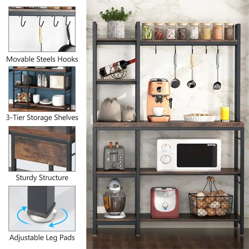 5-Tier Industrial Baker's Rack with Microwave Stand, 10 Hooks, and Storage Shelves - 43.3x15.7x62.9