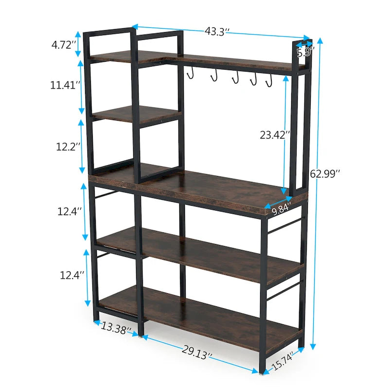 5-Tier Industrial Baker's Rack with Microwave Stand, 10 Hooks, and Storage Shelves - 43.3x15.7x62.9