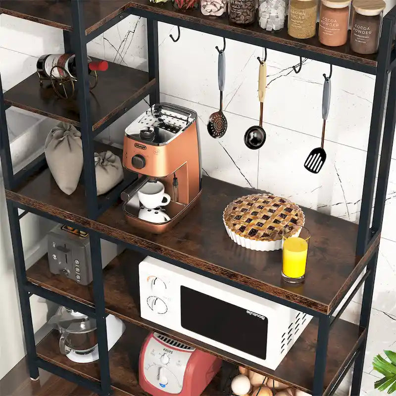 5-Tier Industrial Baker's Rack with Microwave Stand, 10 Hooks, and Storage Shelves - 43.3x15.7x62.9