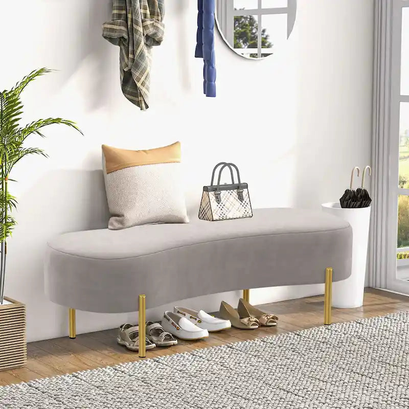 Banc ottoman rembourré pour entrée avec assise en velours et pieds en métal doré - 45.7x15.4 pouces