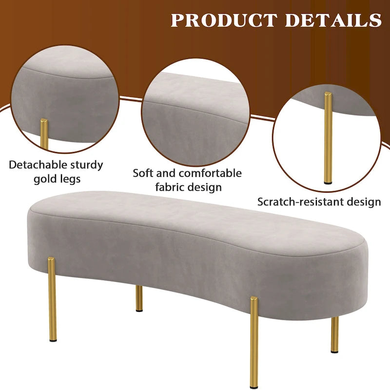 Upholstered Entryway Ottoman Bench with Velvet Seat and Gold Metal Legs - 45.7x15.4 Inches