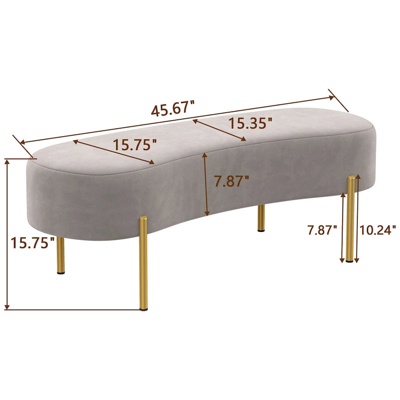 Banc ottoman rembourré pour entrée avec assise en velours et pieds en métal doré - 45.7x15.4 pouces
