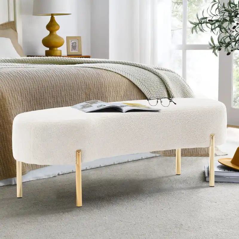Banc ottoman rembourré pour entrée avec assise en velours et pieds en métal doré - 45.7x15.4 pouces