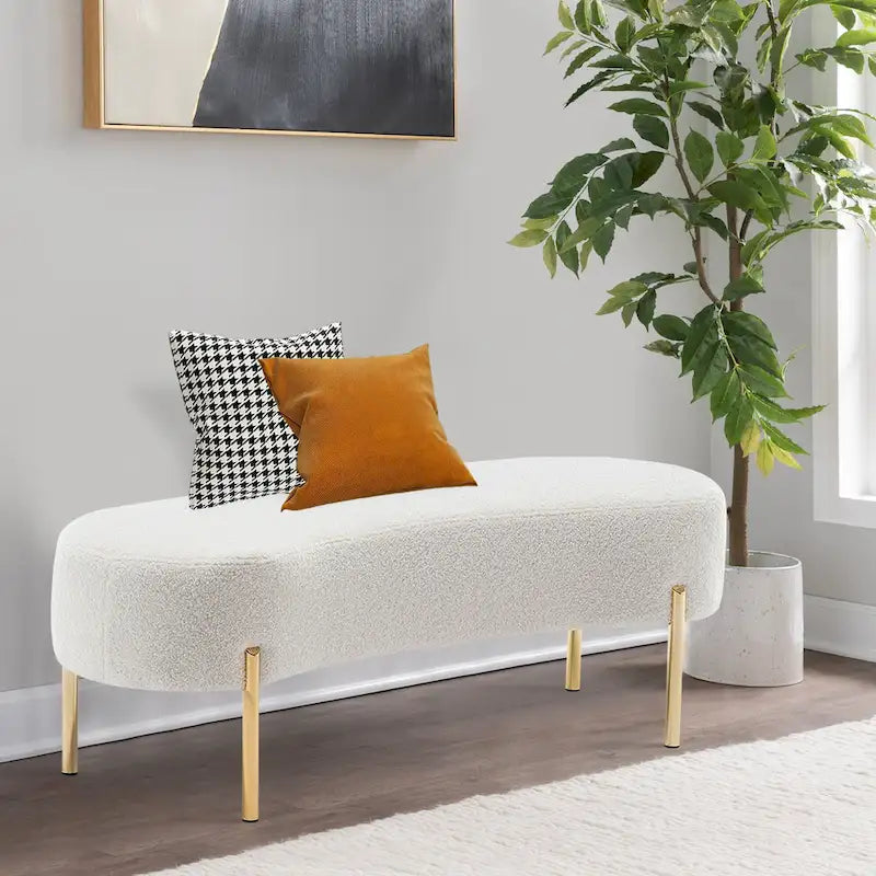 Banc ottoman rembourré pour entrée avec assise en velours et pieds en métal doré - 45.7x15.4 pouces