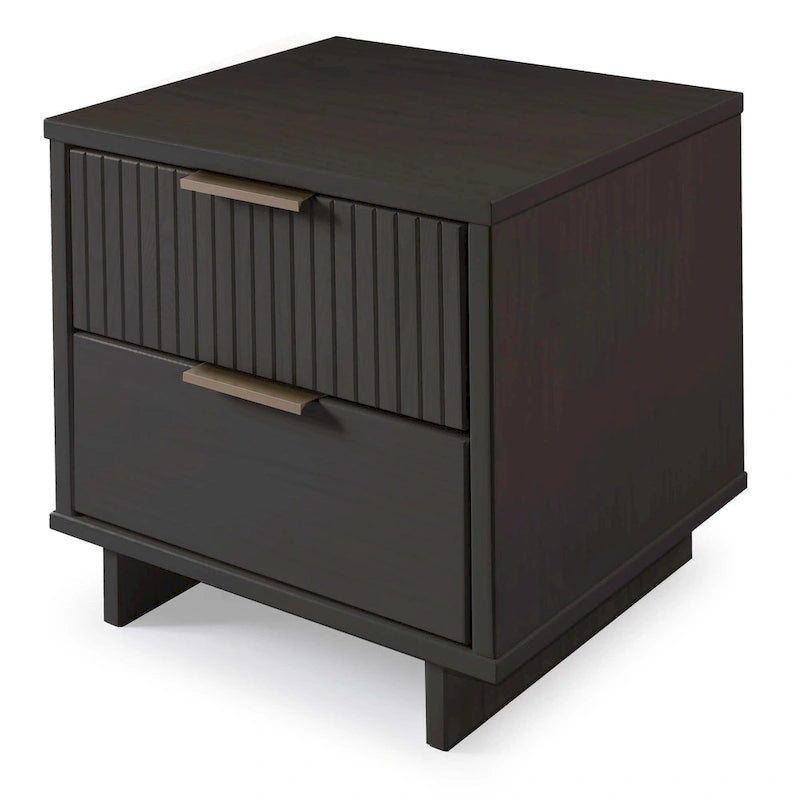 Mid-Century Solid Wood 2-Drawer Nightstand with Ribbed Front and Gold Handles - Set of 2