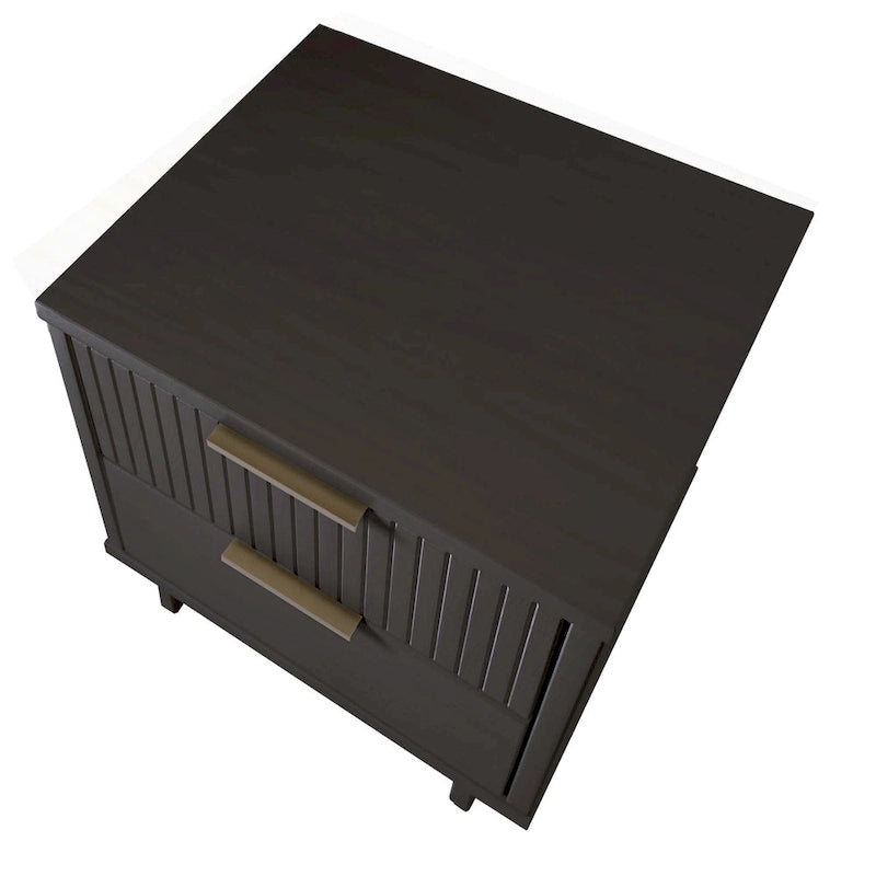 Mid-Century Solid Wood 2-Drawer Nightstand with Ribbed Front and Gold Handles - Set of 2