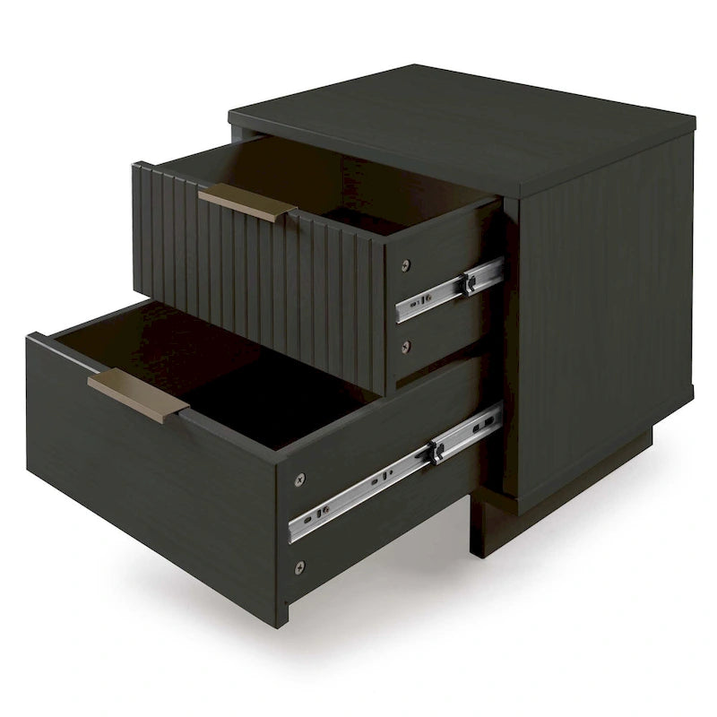 Mid-Century Solid Wood 2-Drawer Nightstand with Ribbed Front and Gold Handles - Set of 2