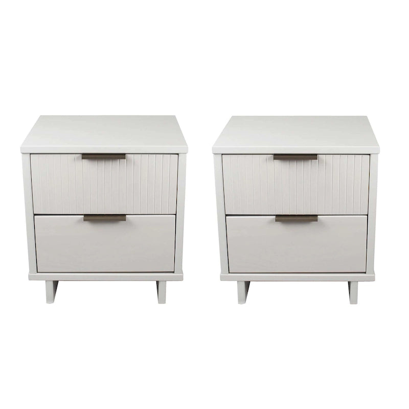 Mid-Century Solid Wood 2-Drawer Nightstand with Ribbed Front and Gold Handles - Set of 2