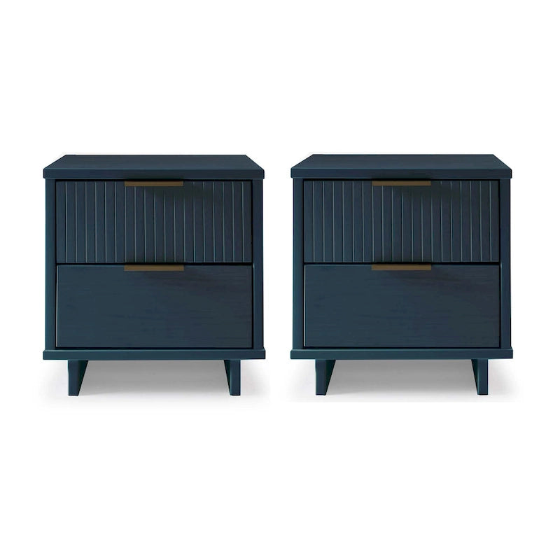 Mid-Century Solid Wood 2-Drawer Nightstand with Ribbed Front and Gold Handles - Set of 2