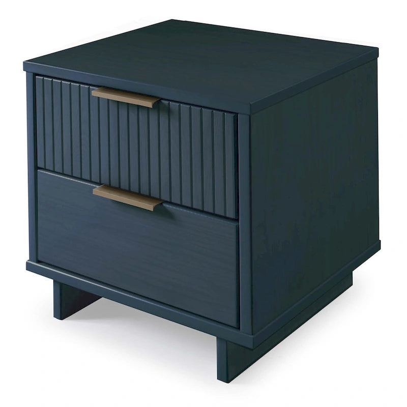 Mid-Century Solid Wood 2-Drawer Nightstand with Ribbed Front and Gold Handles - Set of 2