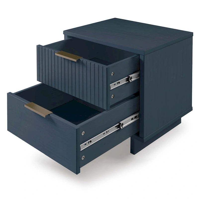 Mid-Century Solid Wood 2-Drawer Nightstand with Ribbed Front and Gold Handles - Set of 2