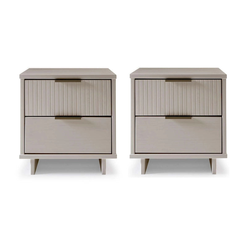 Mid-Century Solid Wood 2-Drawer Nightstand with Ribbed Front and Gold Handles - Set of 2