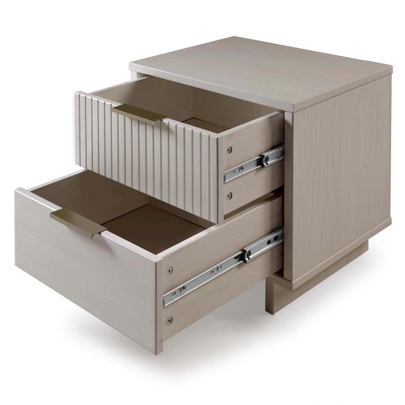 Mid-Century Solid Wood 2-Drawer Nightstand with Ribbed Front and Gold Handles - Set of 2