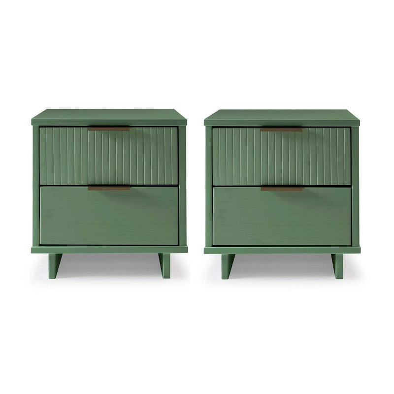 Mid-Century Solid Wood 2-Drawer Nightstand with Ribbed Front and Gold Handles - Set of 2