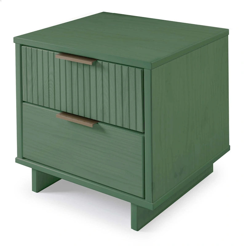 Mid-Century Solid Wood 2-Drawer Nightstand with Ribbed Front and Gold Handles - Set of 2