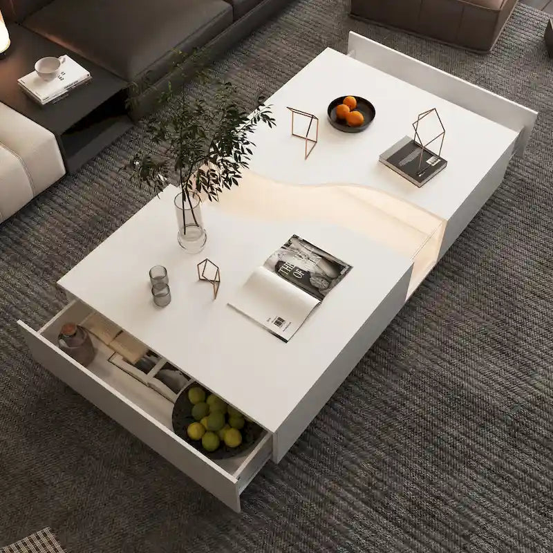 Storage Masterpiece Contemporary White Coffee Table Colorful LED Edge - 55.1W