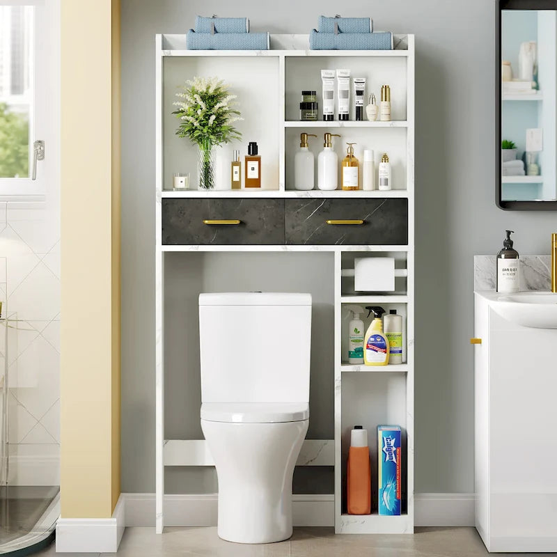 Over-Toilet Bathroom Storage Cabinet with 2 Drawers, Shelves, and Tissue Reel