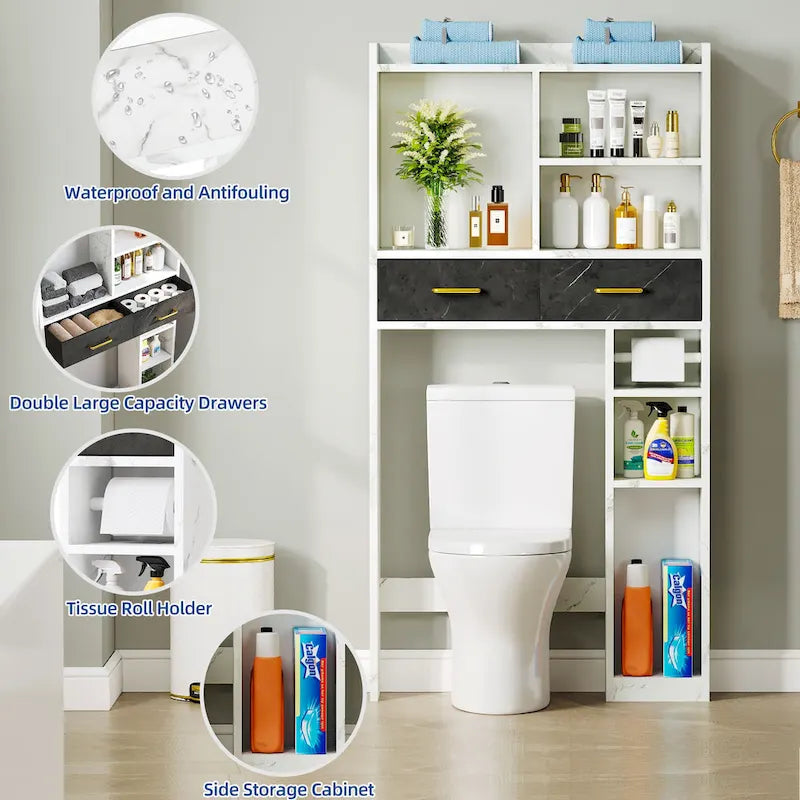 Over-Toilet Bathroom Storage Cabinet with 2 Drawers, Shelves, and Tissue Reel
