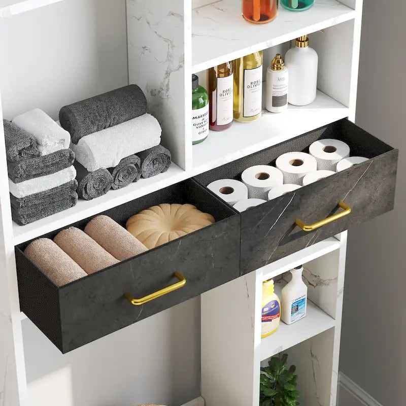 Over-Toilet Bathroom Storage Cabinet with 2 Drawers, Shelves, and Tissue Reel