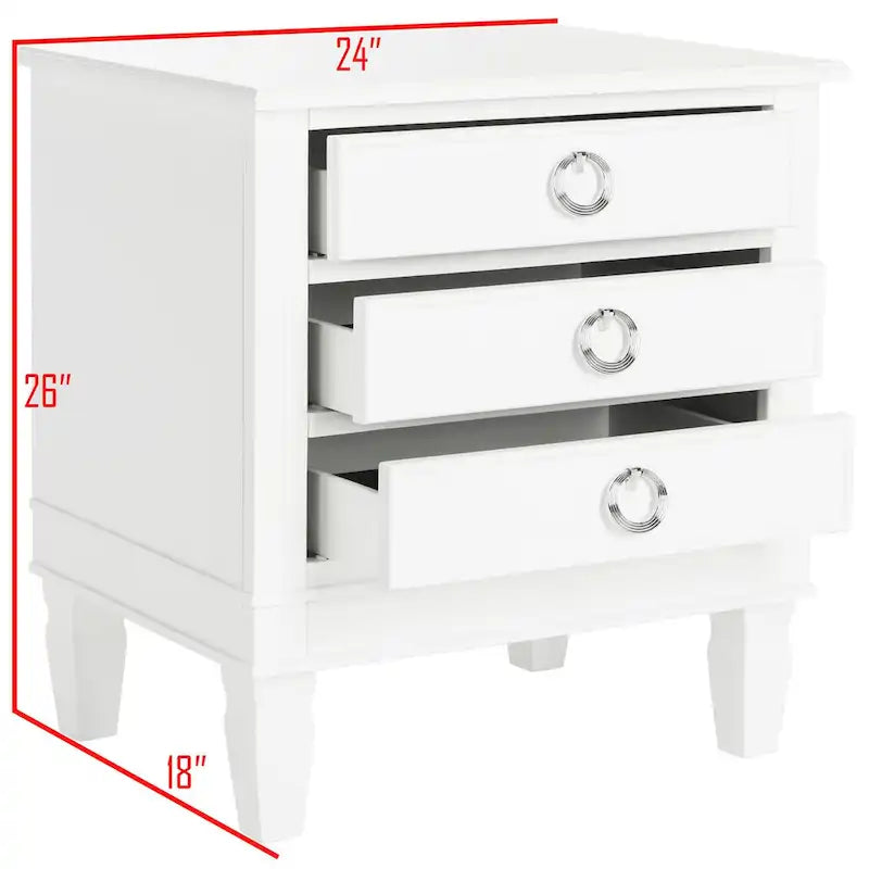 French-Style 3-Drawer Nightstand with Silver Pulls