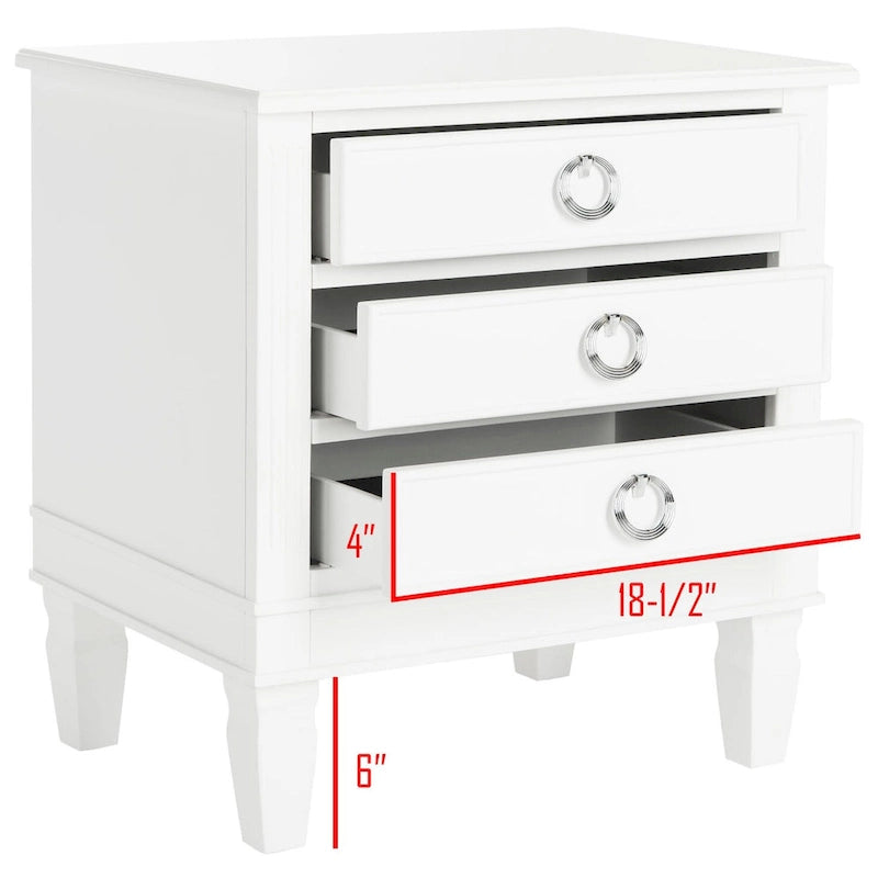 French-Style 3-Drawer Nightstand with Silver Pulls