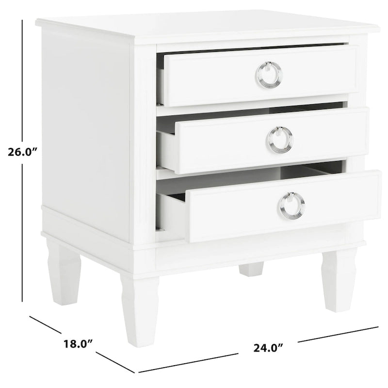 French-Style 3-Drawer Nightstand with Silver Pulls