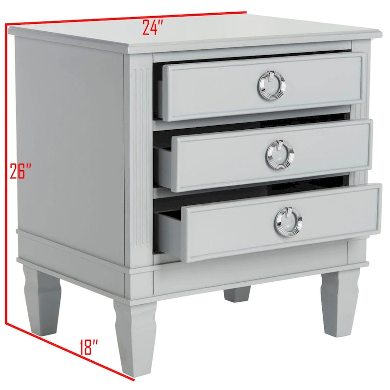 French-Style 3-Drawer Nightstand with Silver Pulls