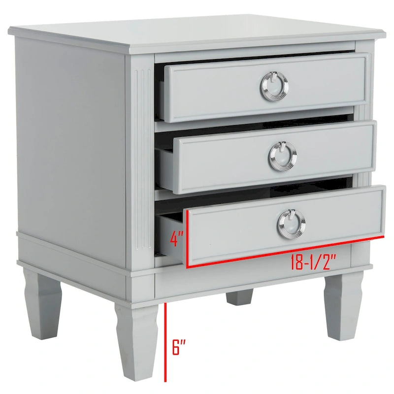 French-Style 3-Drawer Nightstand with Silver Pulls