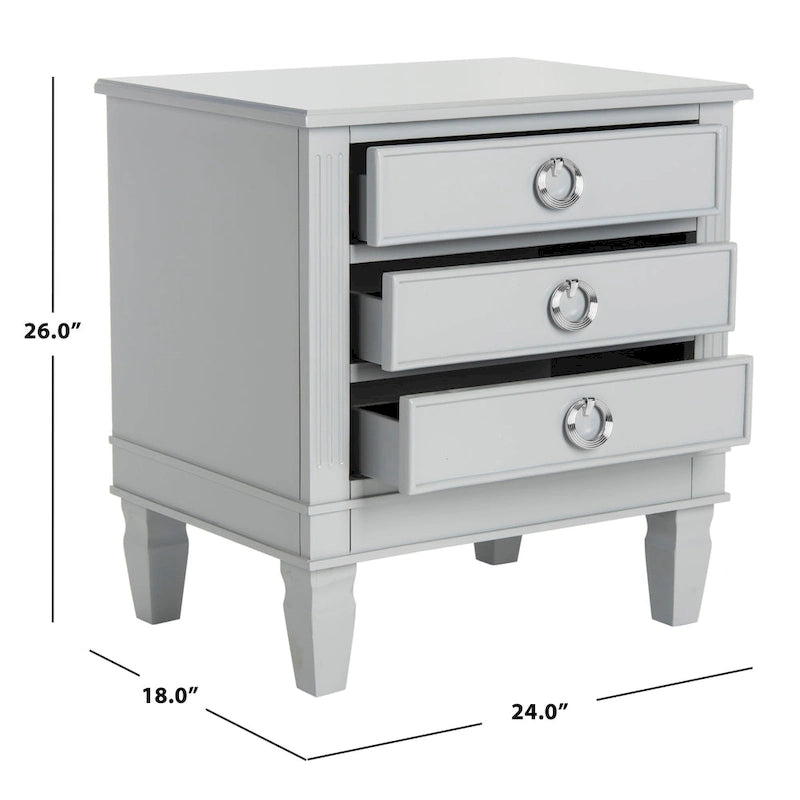 French-Style 3-Drawer Nightstand with Silver Pulls