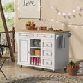 Rolling Kitchen Island Cart with 5 Drawers, Rubber Wood Top, Spice Rack, and Towel Holder