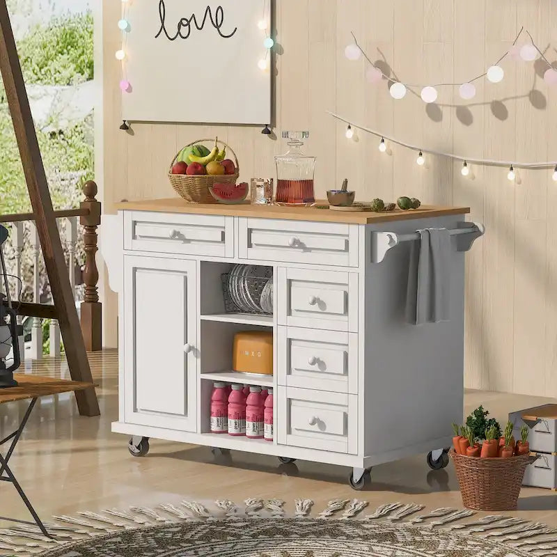 Rolling Kitchen Island Cart with 5 Drawers, Rubber Wood Top, Spice Rack, and Towel Holder