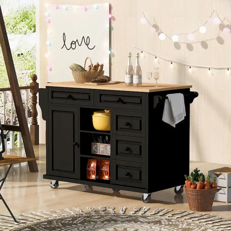 Rolling Kitchen Island Cart with 5 Drawers, Rubber Wood Top, Spice Rack, and Towel Holder