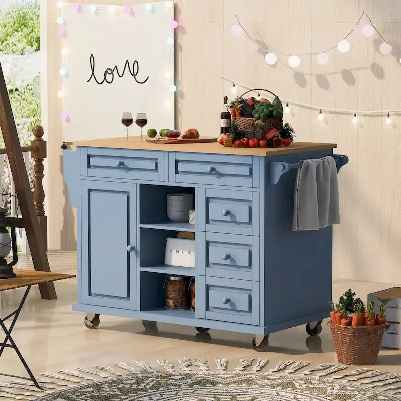 Rolling Kitchen Island Cart with 5 Drawers, Rubber Wood Top, Spice Rack, and Towel Holder