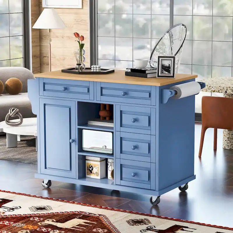 Rolling Kitchen Island Cart with 5 Drawers, Rubber Wood Top, Spice Rack, and Towel Holder