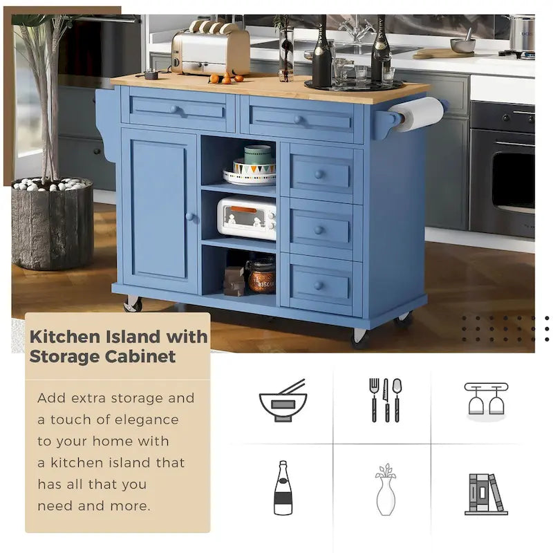 Rolling Kitchen Island Cart with 5 Drawers, Rubber Wood Top, Spice Rack, and Towel Holder
