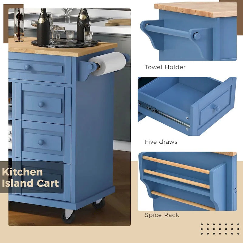 Rolling Kitchen Island Cart with 5 Drawers, Rubber Wood Top, Spice Rack, and Towel Holder