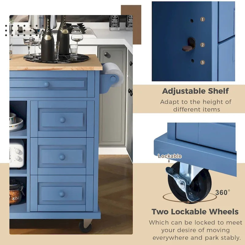 Rolling Kitchen Island Cart with 5 Drawers, Rubber Wood Top, Spice Rack, and Towel Holder