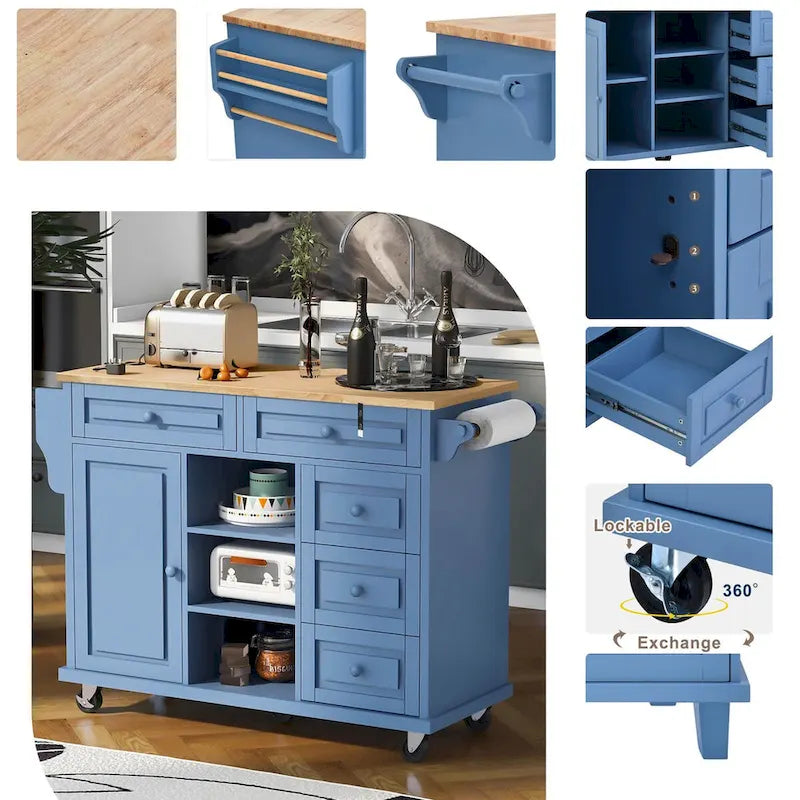 Rolling Kitchen Island Cart with 5 Drawers, Rubber Wood Top, Spice Rack, and Towel Holder
