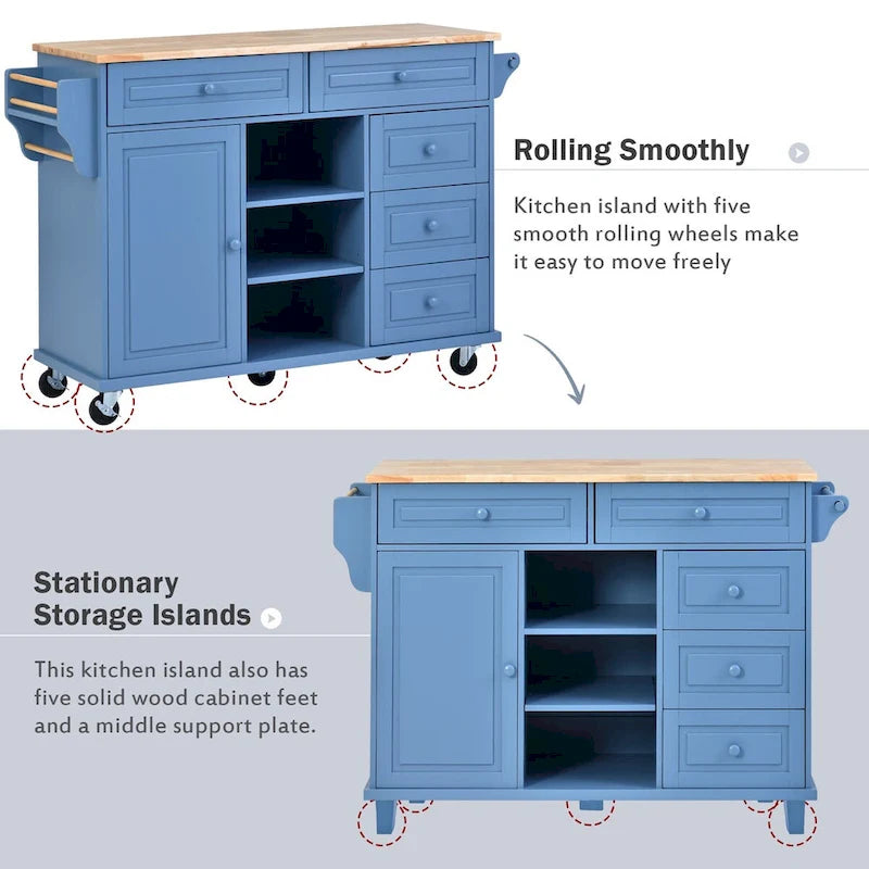 Rolling Kitchen Island Cart with 5 Drawers, Rubber Wood Top, Spice Rack, and Towel Holder