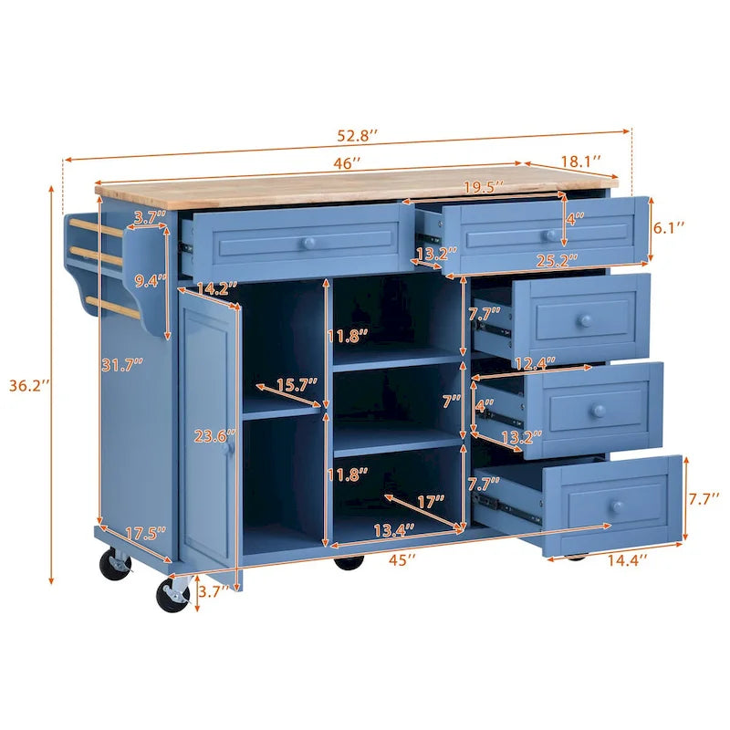 Rolling Kitchen Island Cart with 5 Drawers, Rubber Wood Top, Spice Rack, and Towel Holder