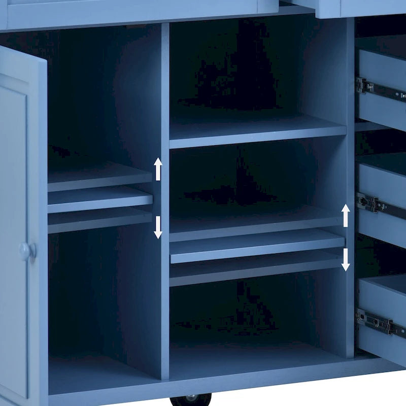 Rolling Kitchen Island Cart with 5 Drawers, Rubber Wood Top, Spice Rack, and Towel Holder