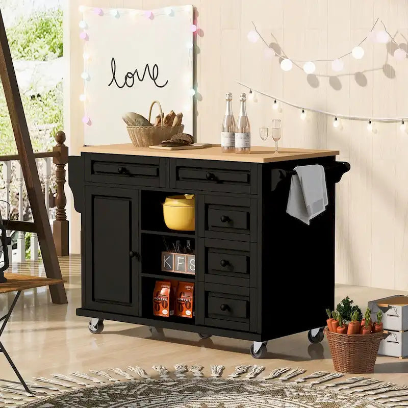 Rolling Kitchen Island Cart with 5 Drawers, Rubber Wood Top, Spice Rack, and Towel Holder