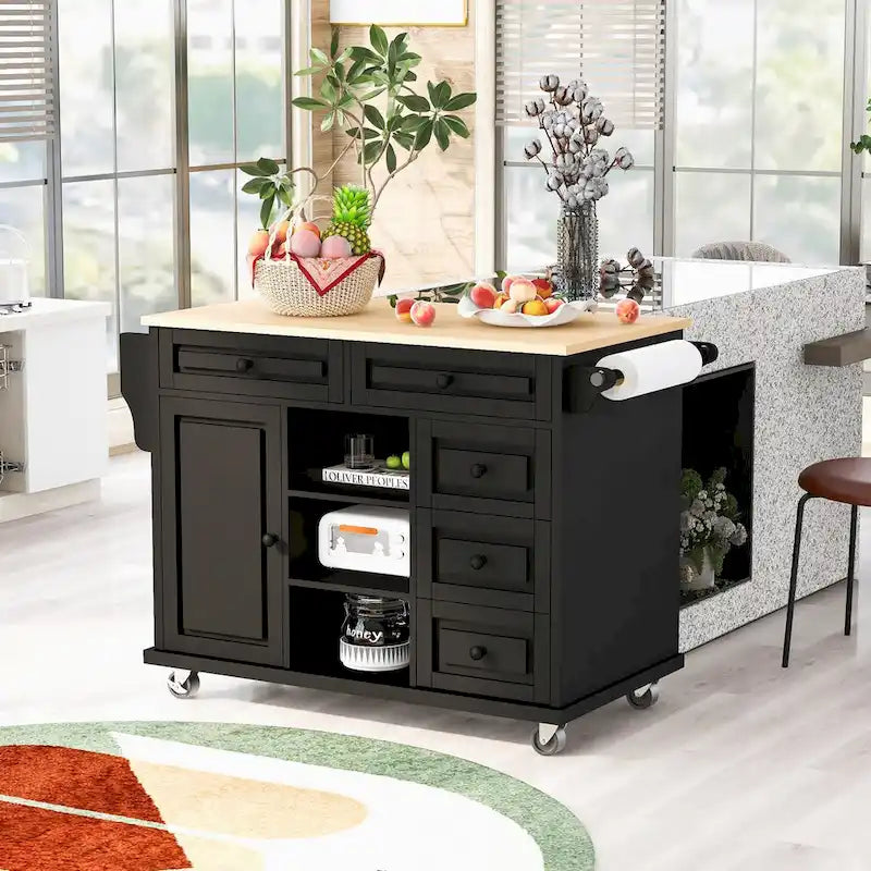 Rolling Kitchen Island Cart with 5 Drawers, Rubber Wood Top, Spice Rack, and Towel Holder