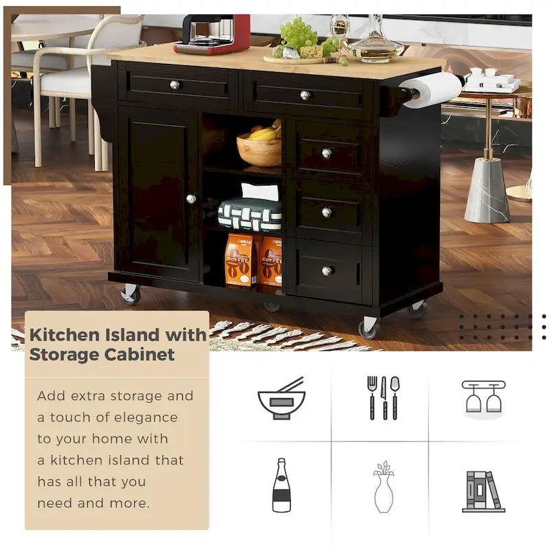 Rolling Kitchen Island Cart with 5 Drawers, Rubber Wood Top, Spice Rack, and Towel Holder
