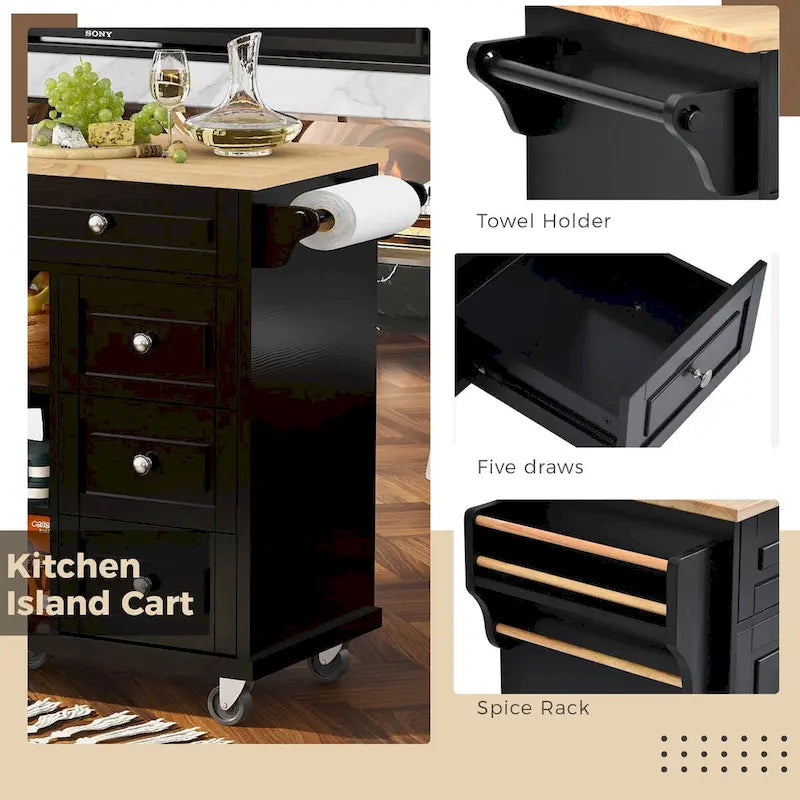 Rolling Kitchen Island Cart with 5 Drawers, Rubber Wood Top, Spice Rack, and Towel Holder